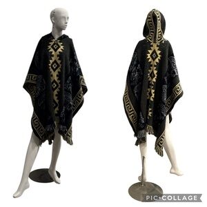 Unisex Andean Aztec Alpaca Blend Hooded Charcoal Multi Fringed Poncho Size OS